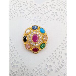 Clip Pin Navaratna style 9 Faux gemstone / Gold Talisman Statement regal